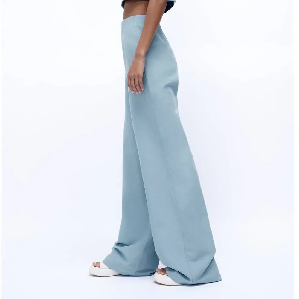 FULL LENGTH LINEN BLEND PANTS MID-BLUE NEW